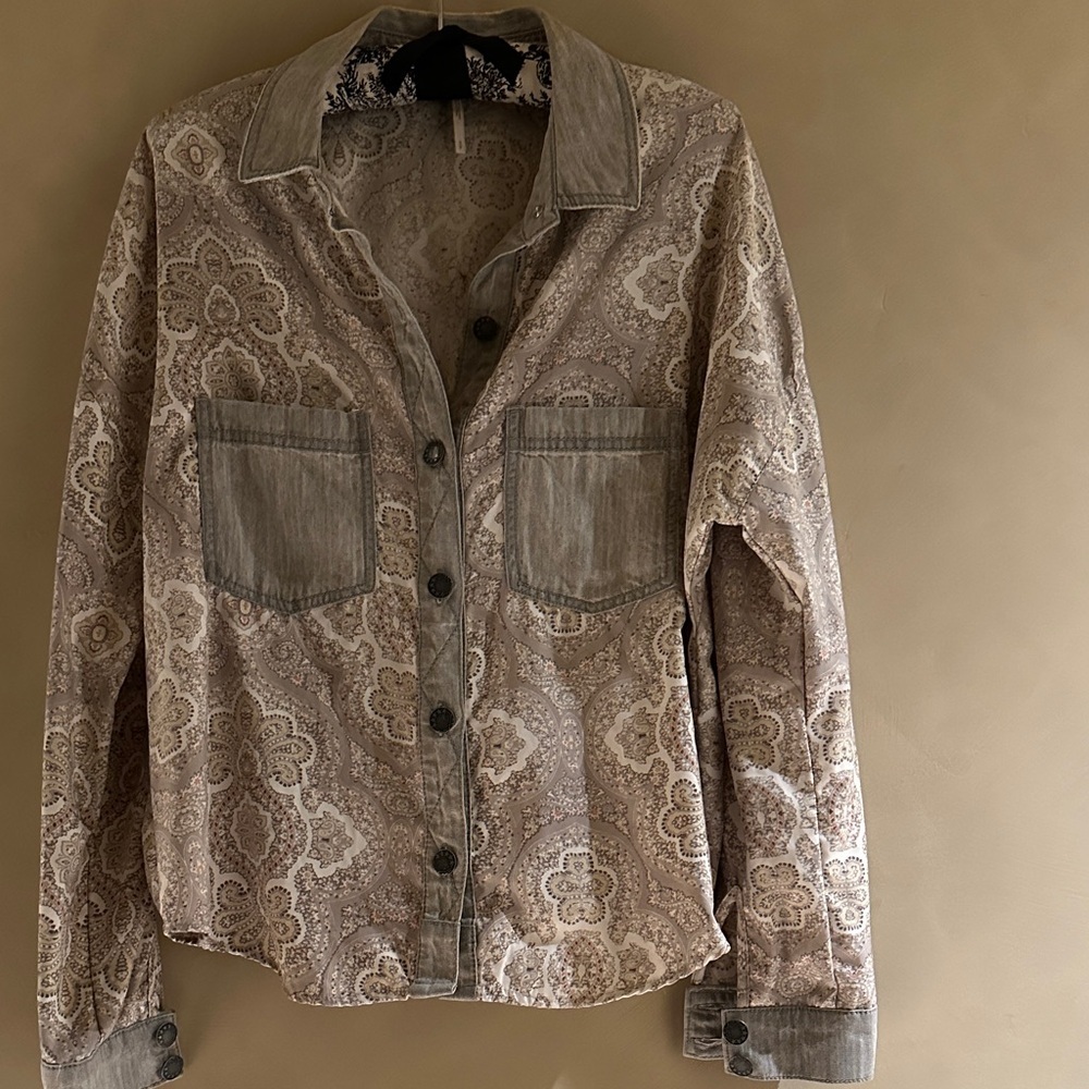Free People Satin Paisley Print Long Sleeve Denim Trim Button Down Top size S